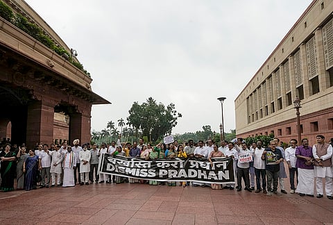 Congress MP Priyanka Gandhi Vadra, TMC MPs Sagarika Ghose, Mahua Moitra, JMM MP Mahua Maji, RJD MP Manoj Kumar Jha and other opposition leaders stage a protest at the assembly premises demanding the resignation of Union Education Minister Dharmendra Pradhan over the NEET paper leak issue during the Monsoon session of Parliament, in New Delhi.