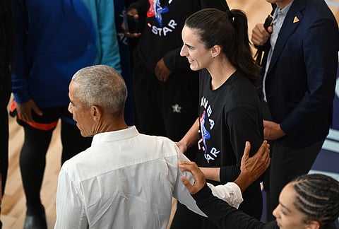Former President Barack Obama jokes with WNBA All-Star Caitlin Clark during a practice at the Obama Presidential Center in Chicago, Friday, July 24, 2026. 