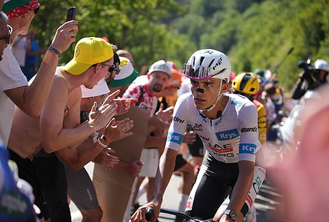 Mexico's Isaac Del Toro climbs Alpe d'Huez during the nineteenth stage of the Tour de France cycling race with start in Gap and finish in Alpe d'Huez, France, Friday, July 24, 2026. 