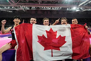 | Photo: AP/Manish Swarup :
Canada team members celebrate after winning the gold medal in the men's artistic gymnastics team final at the Commonwealth Games in Glasgow, Scotland, Friday, July 24, 2026.
