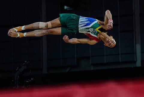 South Africa's Danile Mclean competes at the Floor Exercise during men's team final and individual qualification of Artistic Gymnastics at the Commonwealth Games in Glasgow, Scotland, Friday, July 24, 2026.