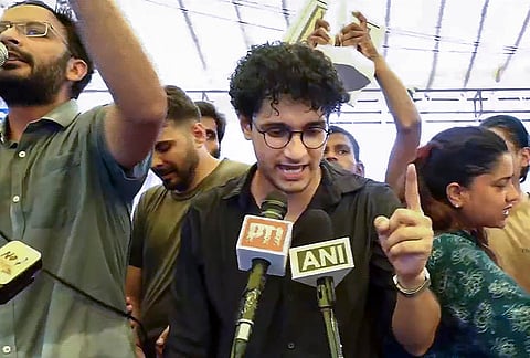 Cockroach Janta Party (CJP) Chief Spokesperson Saurav Das addresses the media after Union Education Minister Dharmendra Pradhan resigned, at Jantar Mantar, in New Delhi, Saturday, July 25, 2026. 
