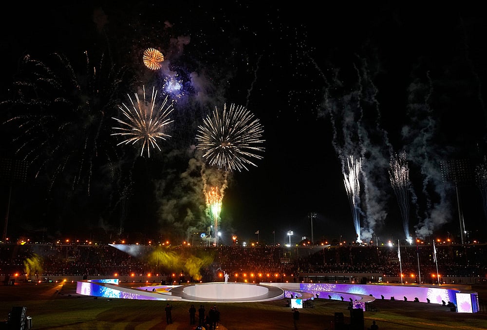| Photo: AP/Fernando Vergara : Fireworks explode over the stadium during the opening ceremony of the Central American and Caribbean Games in Santo Domingo, Dominican Republic, Friday, July 24, 2026. 