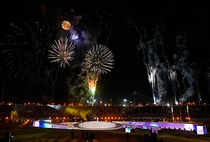 | Photo: AP/Fernando Vergara : Fireworks explode over the stadium during the opening ceremony of the Central American and Caribbean Games in Santo Domingo, Dominican Republic, Friday, July 24, 2026.