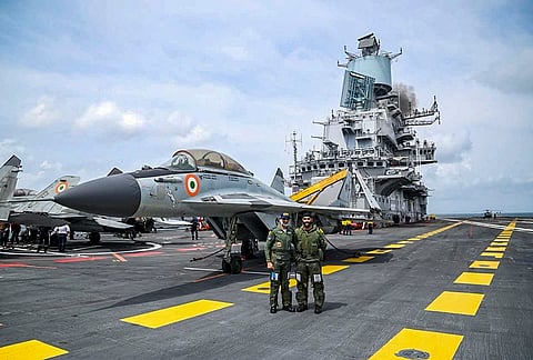 Chief of the Air Staff (CAS) Air Chief Marshal Amar Preet Singh in a photograph before undertaking a MiG-29KUB sortie during his visit to Indian Navy’s aircraft carrier INS Vikramaditya, on the sidelines of the commissioning ceremony of INS Malvan. 