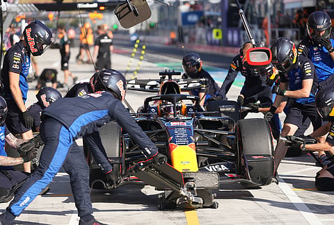 Red Bull driver Max Verstappen, of the Netherlands, gets a pit service during the second practice session ahead of Sunday's Formula One Hungarian Grand Prix auto race, at the Hungaroring racetrack in Mogyorod, near Budapest, Hungary, Friday, July 24, 2026. 