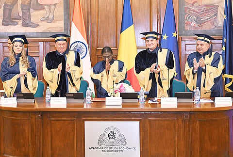President Droupadi Murmu being conferred an Honorary Doctorate by the Bucharest University of Economic Studies, in Bucharest, Romania. 