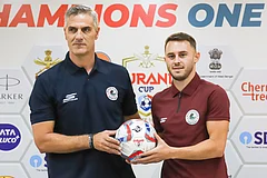 East Bengal vs Mohun Bagan Live: Panagiotis Dilmperis, Head Coach, Mohun Bagan Super Giant, and Dejan Dražić, player, Mohun Bagan Super Giant, pose with the official match ball of the 135th IndianOil Durand Cup. - Durand Cup