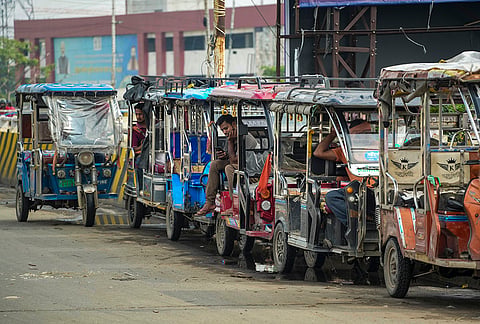 E-rickshaws parked in a row during Bihar ‘bandh’ called by AISA and other student organisations in the state, demanding the resignation of Union Education Minister Dharmendra Pradhan over the NEET paper leak issue, in Patna.