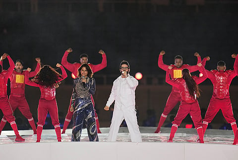 Techy Fatule and Manny Cruz perform during the opening ceremony of the Central American and Caribbean Games in Santo Domingo, Dominican Republic, Friday, July 24, 2026. 