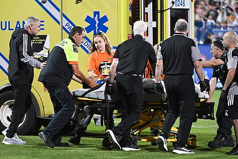 Inter Miami CF's German Berterame is stretchered off the pitch after colliding with CF Montreal's Efrain Morales during second half MLS soccer action in Montreal.