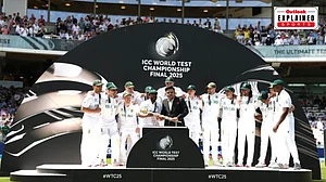 X/JayShah : South Africa celebrate their ICC World Test Championship 2025 triumph at Lords, receiving the WTC mace during the presentation ceremony, with jubilant teammates, packed stands and official tournament branding in the background