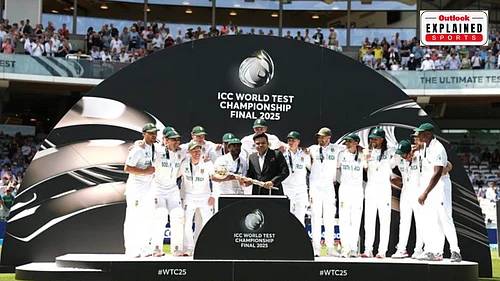 X/JayShah : South Africa celebrate their ICC World Test Championship 2025 triumph at Lords, receiving the WTC mace during the presentation ceremony, with jubilant teammates, packed stands and official tournament branding in the background