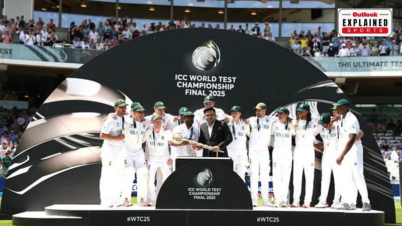 X/JayShah : South Africa celebrate their ICC World Test Championship 2025 triumph at Lords, receiving the WTC mace during the presentation ceremony, with jubilant teammates, packed stands and official tournament branding in the background