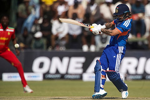 India's batsman Ishan Kishan plays a shot during the second T20 cricket match between Zimbabwe and India in Harare, Zimbabwe.