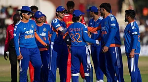 | Photo: AP/Wonder Mashura : India's players celebrate following the second T20 cricket match between Zimbabwe and India in Harare, Zimbabwe.