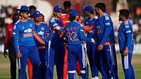 | Photo: AP/Wonder Mashura : India's players celebrate following the second T20 cricket match between Zimbabwe and India in Harare, Zimbabwe.