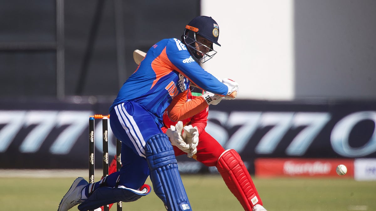 India's batsman Vaibhav Sooryavanshi plays a shot during the third T20 cricket match between Zimbabwe and India in Harare, Zimbabwe, Sunday, July 26, 2026. - (AP Photo/Wonder Mashura)