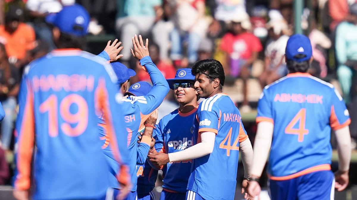India celebrate a wicket of Zimbabwe during third T20I at Harare.  - BCCI/X
