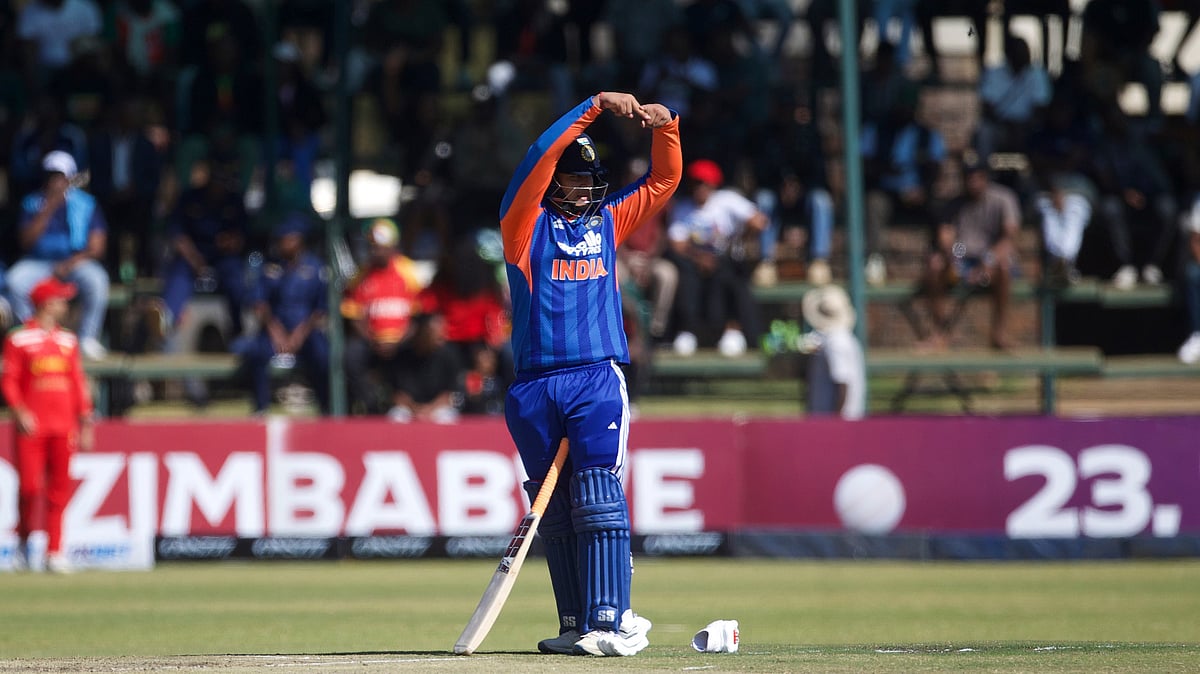 India's batsman Vaibhav Sooryavanshi gestures after scoring 50 runs during the third T20 cricket match between Zimbabwe and India in Harare, Zimbabwe, Sunday, July 26, 2026. - (AP Photo/Wonder Mashura)