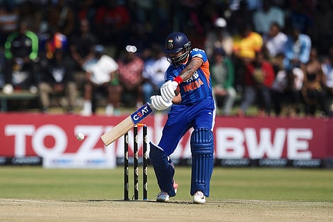 India's captain Shreyas Iyer plays a shot during the second T20 cricket match between Zimbabwe and India in Harare, Zimbabwe.