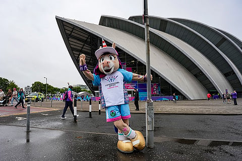 The Finnie mascot of the Glasgow 2026 Commonwealth Games stands outside the OVO Hydro, in Glasgow, Scotland,.
