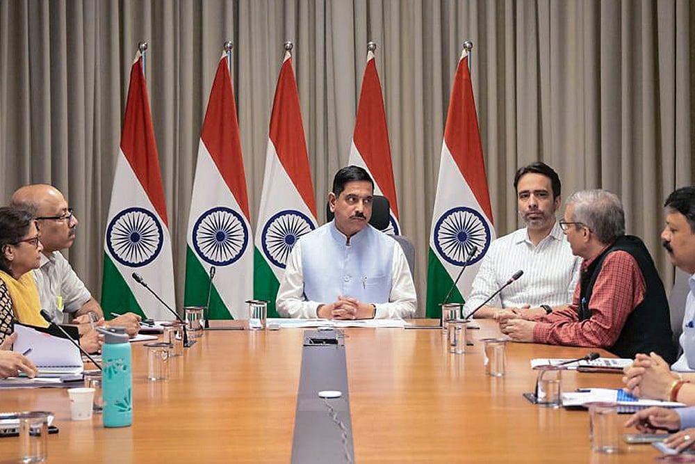 In this image received on July 26, 2026, Union Minister Pralhad Joshi during a meeting as he takes charge as education minister, in New Delhi. Joshi has been given additional charge of the education ministry besides his role as the consumer affairs minister. - | Photo: Handout via PTI 