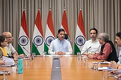 In this image received on July 26, 2026, Union Minister Pralhad Joshi during a meeting as he takes charge as education minister, in New Delhi. Joshi has been given additional charge of the education ministry besides his role as the consumer affairs minister. - | Photo: Handout via PTI