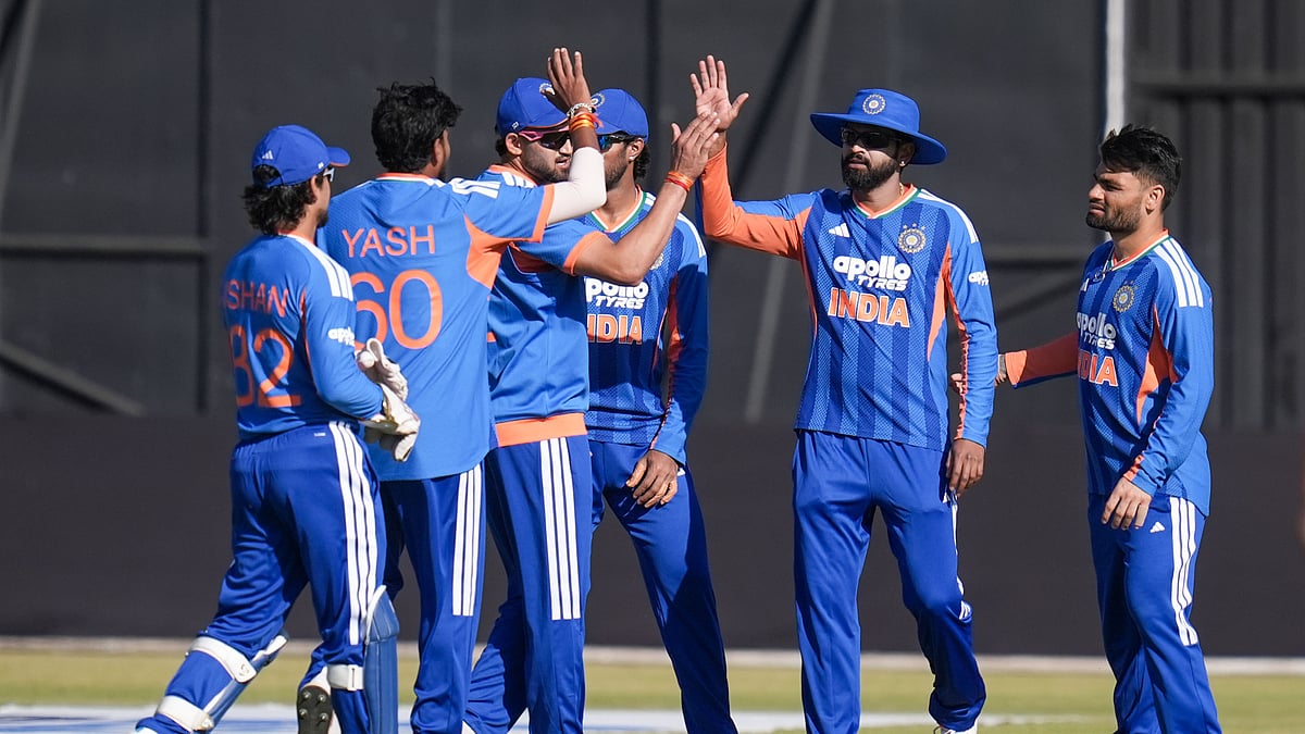 Indian cricketers celebrate a wicket against Zimbabwe in the third T20I at Harare.  - BCCI/X