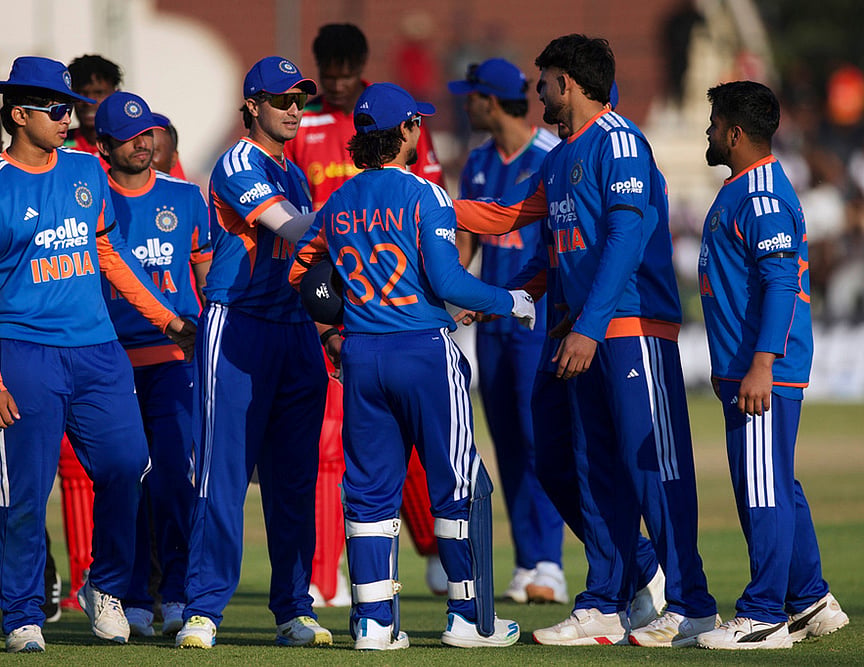 | Photo: AP/Wonder Mashura : India's players celebrate following the second T20 cricket match between Zimbabwe and India in Harare, Zimbabwe.