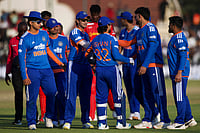 IND Vs ZIM, 2nd T20I: Kishan, Tilak's Fifties Drive Men In Blue To Relieving Series Victory | Photo: AP/Wonder Mashura : India's players celebrate following the second T20 cricket match between Zimbabwe and India in Harare, Zimbabwe.