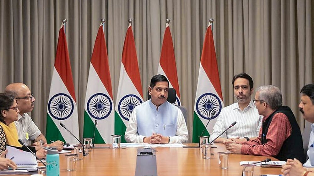 In this image received on July 26, 2026, Union Minister Pralhad Joshi during a meeting as he takes charge as education minister, in New Delhi. Joshi has been given additional charge of the education ministry besides his role as the consumer affairs minister. - | Photo: Handout via PTI 