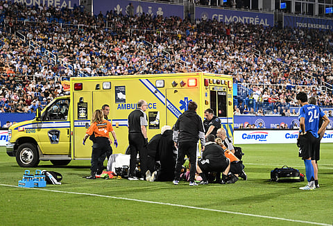 Paramedics tend to Inter Miami's German Berterame after he collided with CF Montreal's Efrain Morales during their MLS match in Montreal on Saturday, July 25, 2026.