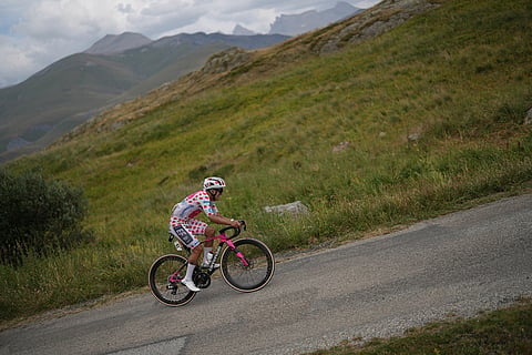 Ecuador's Richard Carapaz climbs the Sarenne pass during the twentieth stage of the Tour de France cycling race with start in Le Bourg d'Oisans and finish in Alpe d'huez, France.