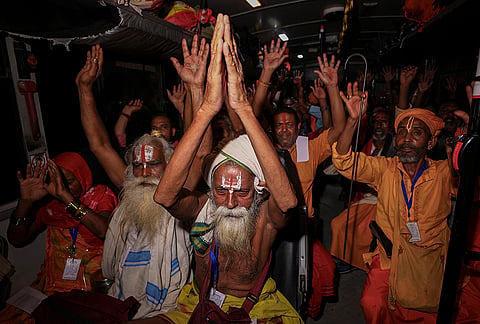 Seers proceed towards the holy cave shrine of Amarnath on Baltal route during the ongoing 'Amarnath Yatra', in Ganderbal district, Jammu and Kashmir.