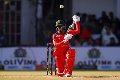 Zimbabwe's Wessly Madhevere watches his short during the third T20 cricket match between Zimbabwe and India in Harare, Zimbabwe.
