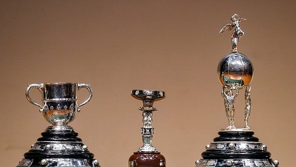 Trophies for the commencement of 'Trophy Tour' of the 'Durand Cup' tournament 2026 displayed at Rashtrapati Bhavan Cultural Center (RBCC), in New Delhi. - | Photo: PTI/Shahbaz Khan