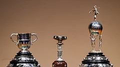 Trophies for the commencement of 'Trophy Tour' of the 'Durand Cup' tournament 2026 displayed at Rashtrapati Bhavan Cultural Center (RBCC), in New Delhi. - | Photo: PTI/Shahbaz Khan
