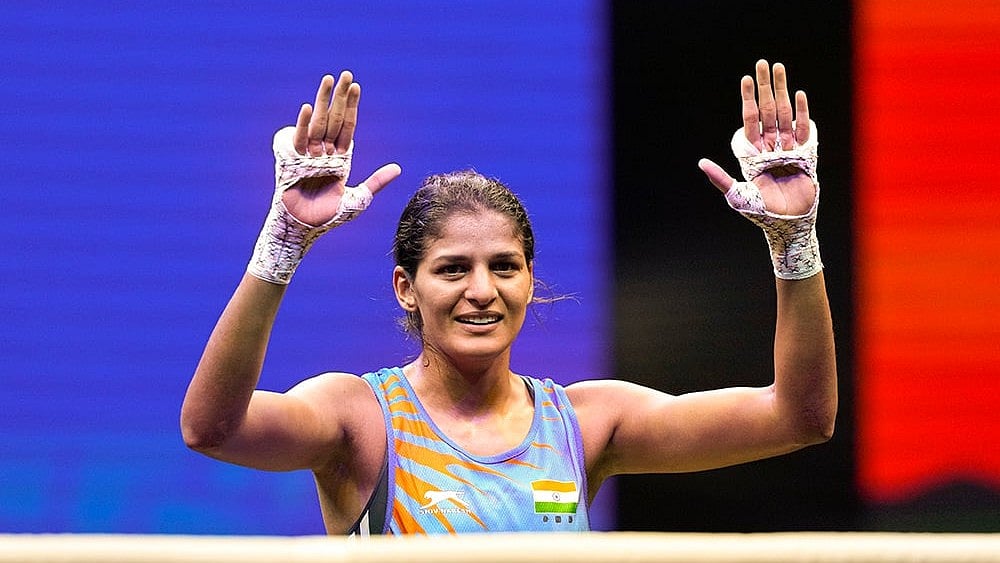 India's Jaismine Lamboria celebrates after being declared the winner in the women’s 57kg final match against Chinese Taipei's Wu Shih Yi at the World Boxing Cup Finals 2025, in Greater Noida, Uttar Pradesh, Thursday, Nov. 20, 2025.  - | Photo: PTI/Gurinder Osan