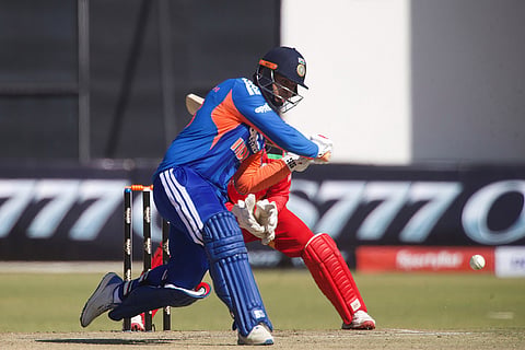 India's batsman Vaibhav Sooryavanshi plays a shot during the third T20 cricket match between Zimbabwe and India in Harare, Zimbabwe.