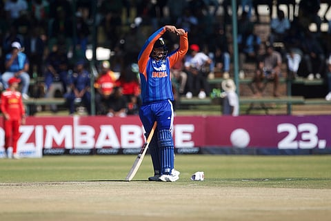 India's batsman Vaibhav Sooryavanshi gestures after scoring 50 runs during the third T20 cricket match between Zimbabwe and India in Harare, Zimbabwe.