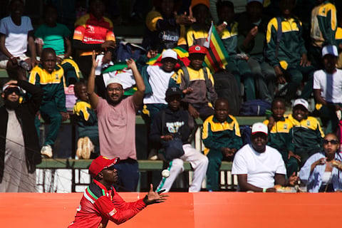 Zimbabwe's fielder Wessly Madhevere takes a catch during the third T20 cricket match between Zimbabwe and India in Harare, Zimbabwe.