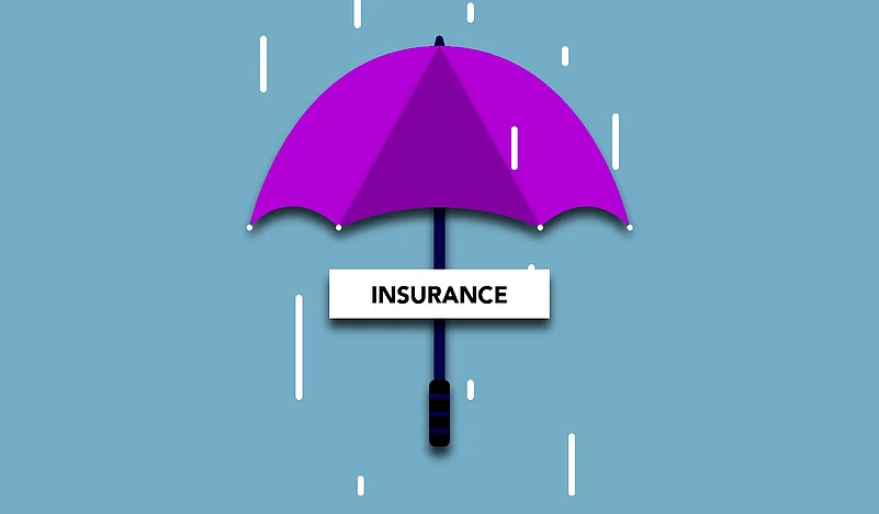 Purple umbrella with the word insurance on it in the rain