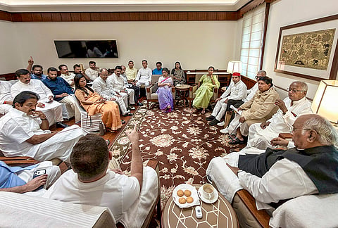 Congress President Mallikarjun Kharge along with LoP in the Lok Sabha Rahul Gandhi, Congress General Secretary KC Venugopal and others during a meeting of the floor leaders of the INDIA alliance. 