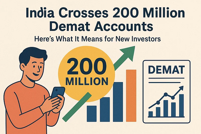Illustration of a man and a rising bar graph for 200 million Demat accounts