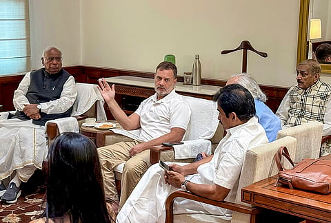 Congress President Mallikarjun Kharge along with LoP in the Lok Sabha Rahul Gandhi, Congress General Secretary KC Venugopal and others during a meeting of the floor leaders of the INDIA alliance. 