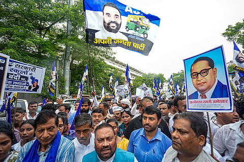 Rashtriya Shoshit Samaj Party (RSSP) President Swami Prasad Maurya and party supporters during a protest march in support of the students of Mohammad Ali Jauhar University, in Lucknow, Uttar Pradesh.