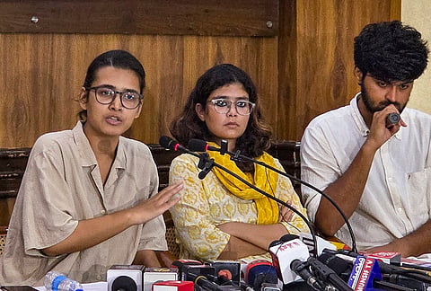 All India Students Association (AISA) National President Neha Bora and others during a press conference, in New Delhi. 