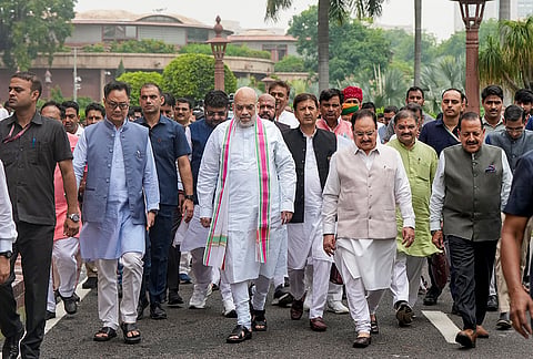 Union Ministers Amit Shah, JP Nadda, Kiren Rijiju and Jitendra Singh during the Monsoon session of Parliament, in New Delhi.