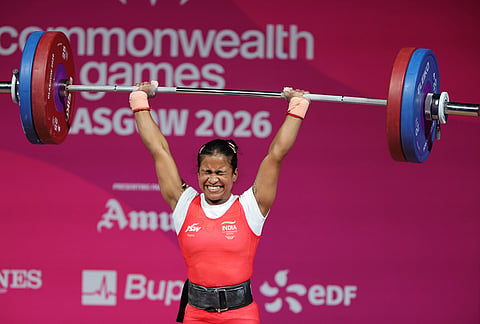 Gyaneshwari Yadav of India during the women's weightlifting 53kg clean and jerk during day four of the 2026 Commonwealth Games in Glasgow, Scotland, Monday, July 27, 2026.